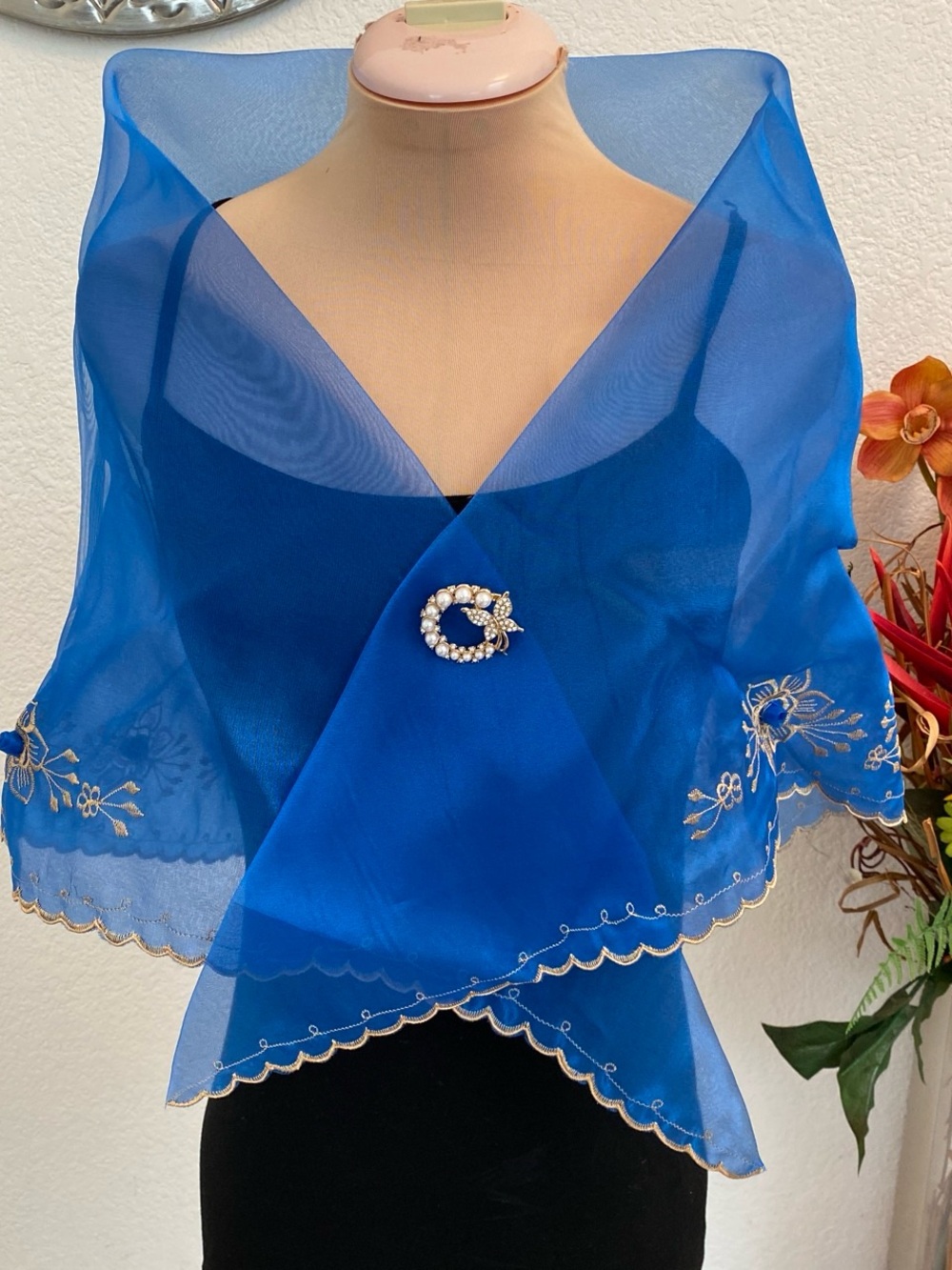 Filipiniana Sheer Royal Blue Embroidered Wrap Scarf Alampay